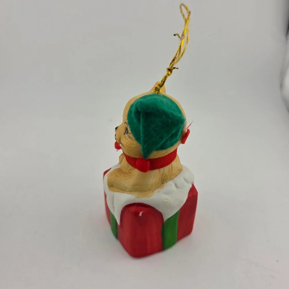 Giftco Cat‎ Gift Box Puppy Santa Hat 1986 Porcelain Bell Christmas Ornaments VTG